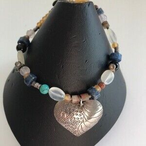 Vintage Handmade Sterling Silver Sunflower Heart Gemstone Bracelet Approx 8 in